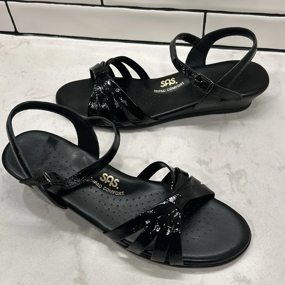 SAS Strippy Quarter Strap Wedge Sandal Women's Stylish Black Patent Size 9
